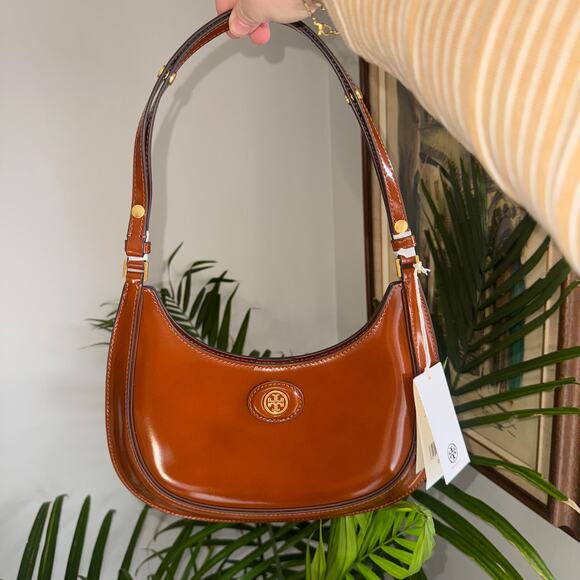Tory Burch Handbags - NWT Tory Burch Robinson Spazzolato Crescent Bag - Rare Dark Sienna - Convertible